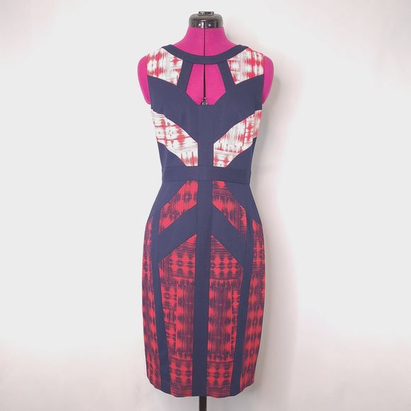 BCBGMaxazria Averie Ikat Red Blue Sheath Dress - Picture 1 of 9